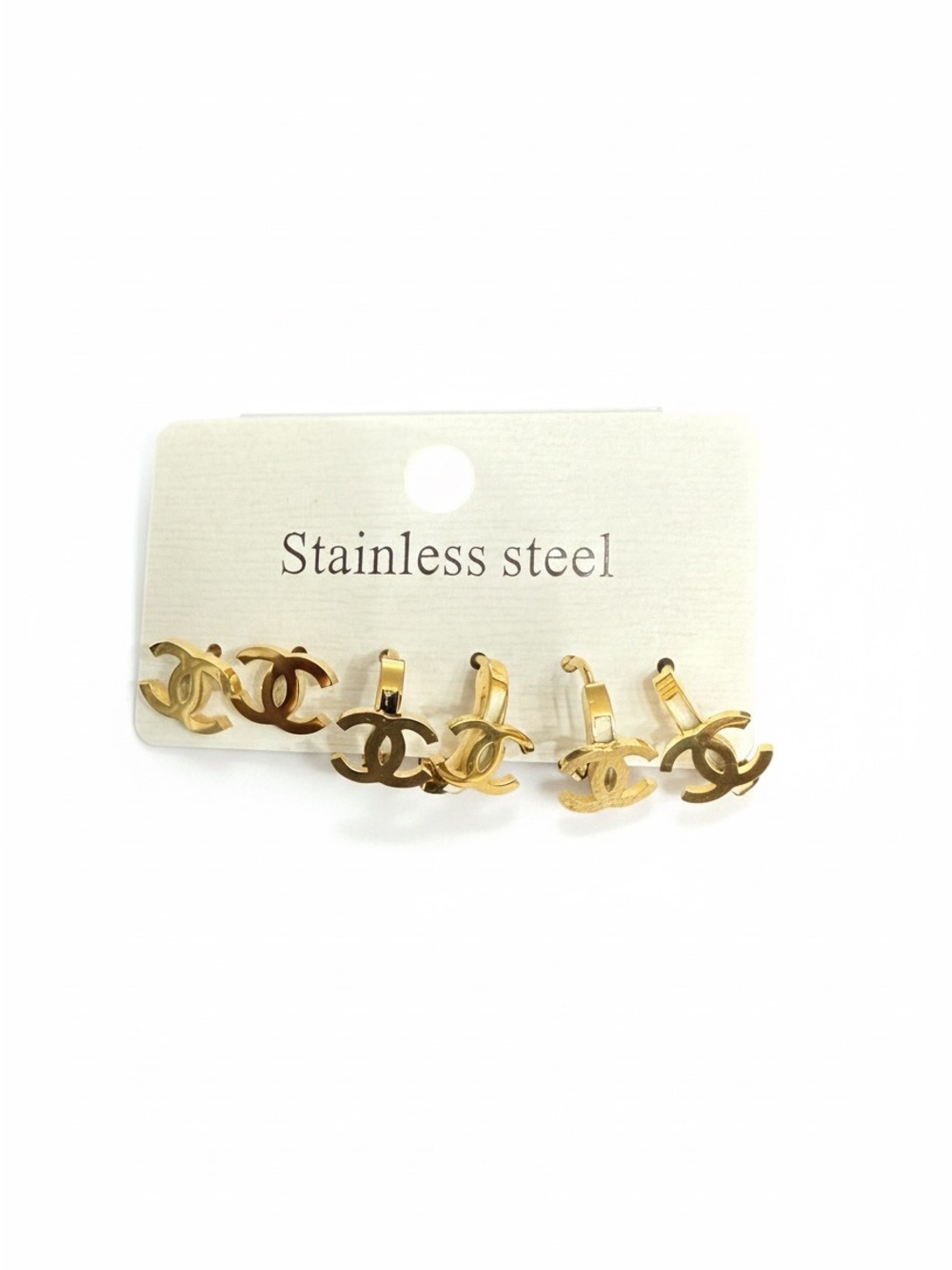 3 pairs Gold Tone Double C Stainless Steel small Earrings Set new